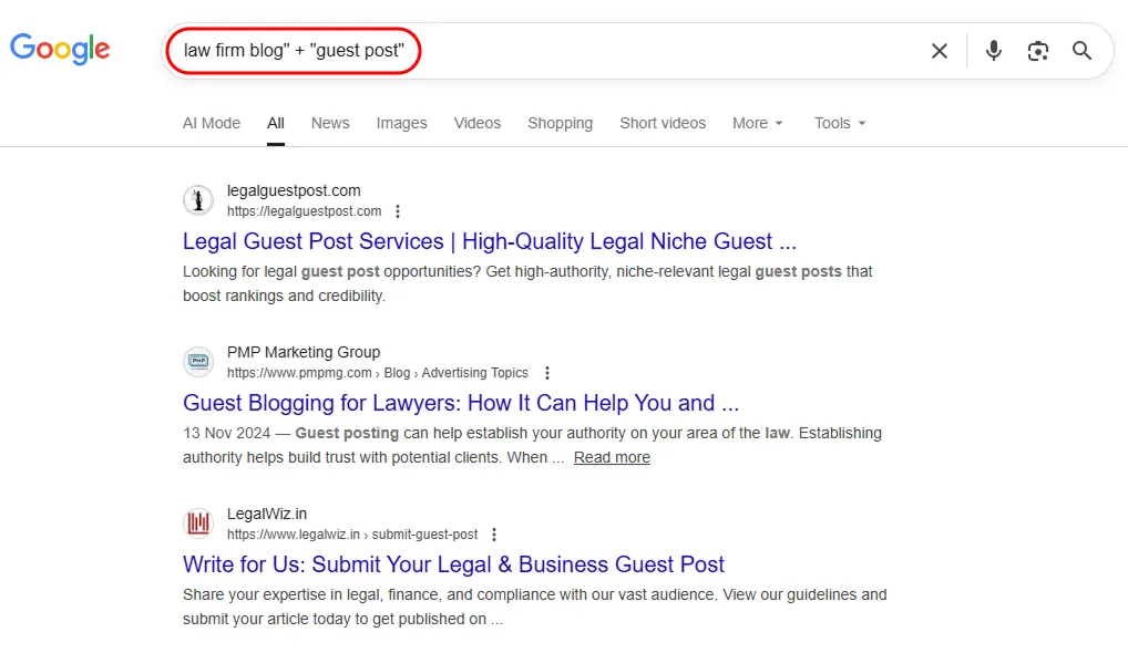 Search results showing law firm websites that accept guest posts